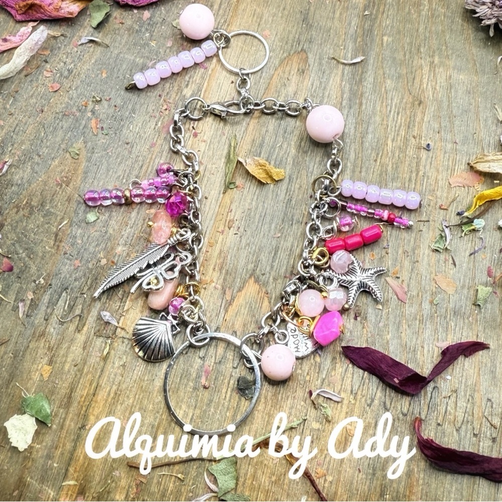 Alquimia Silver and Pink gemstones Charm Bracelet